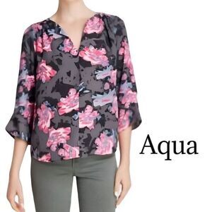 AQUA Gray/Pink Floral 3/4 sleeve top Sz S EUC